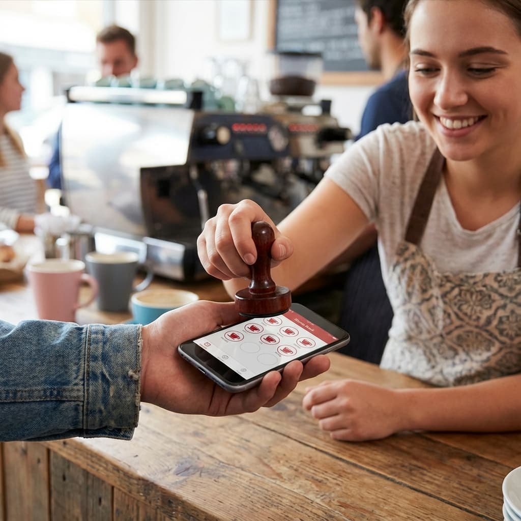 Merchant tapping NFC stamp on customer phone